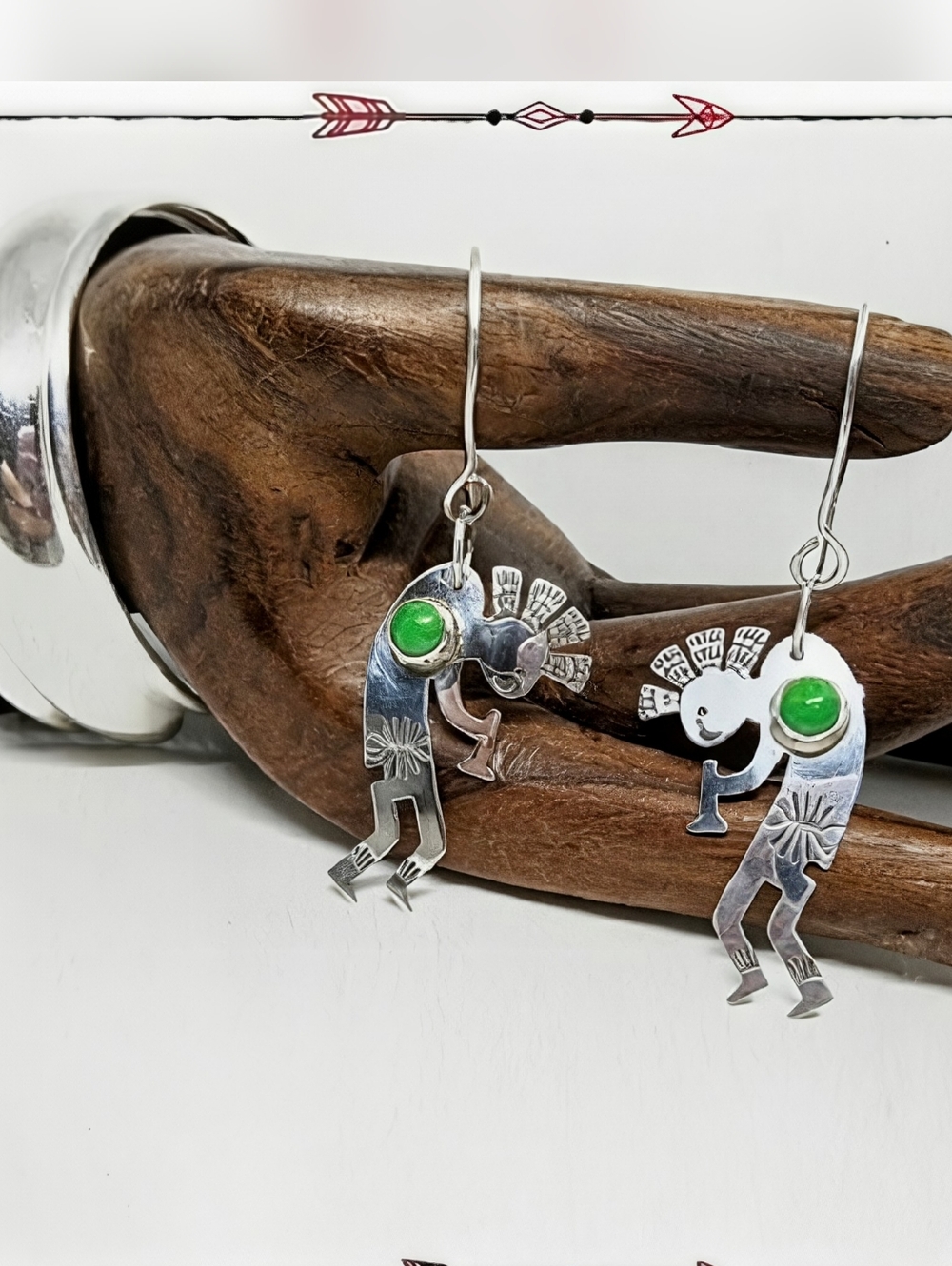 Sterling and Gaspeite Navajo Signed Jefferson James Jr Kokopelli Earrings